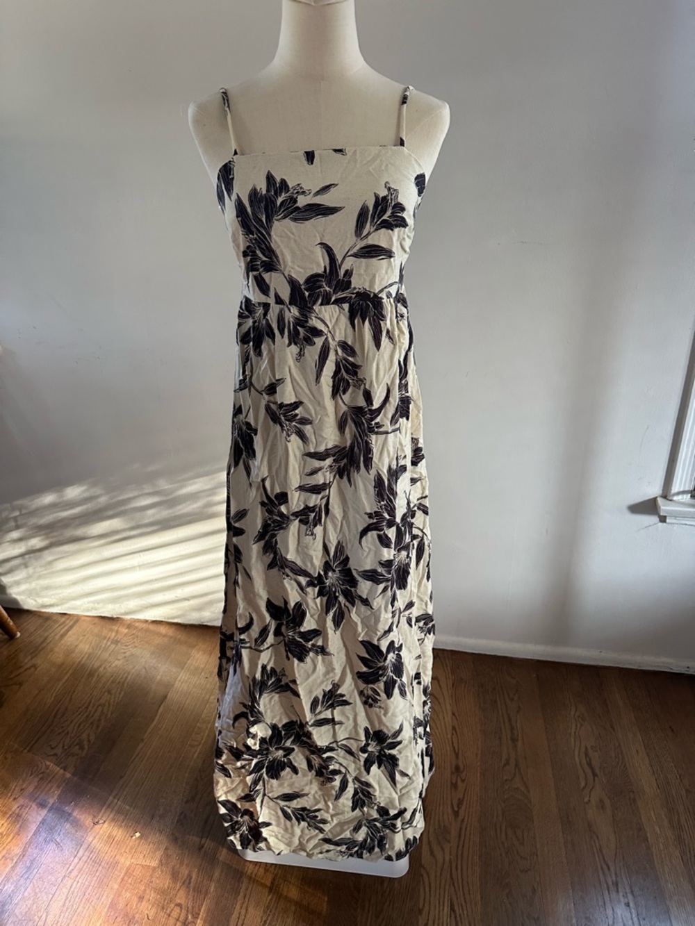 Cream Black Floral Maxi Dress Spaghetti Strap Lightweight Summer Dress M NWT
